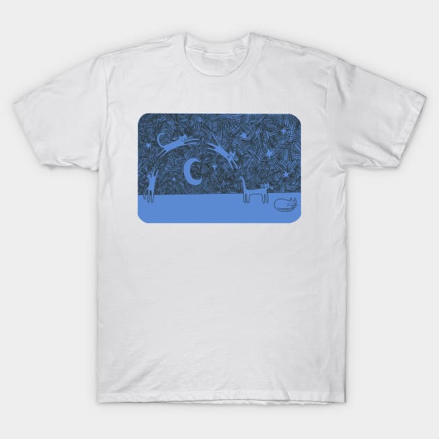 Blue Cat Jumps Over The Moon (to take a nap) T-Shirt by waddleworks